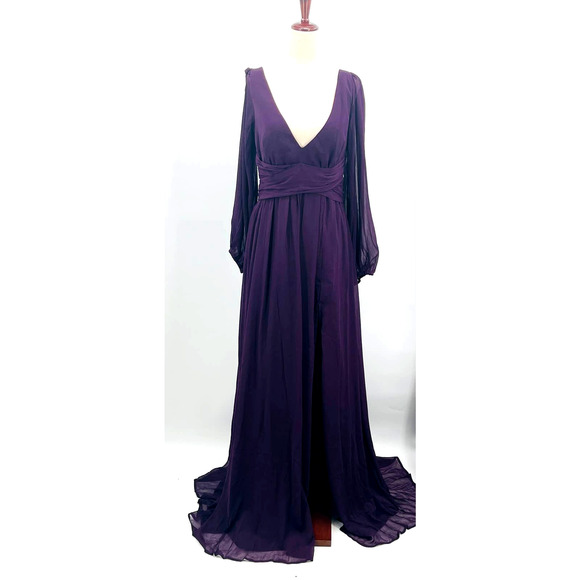 LULU'S S Enchant My Love Dark Purple V-Neck Long Sleeve Maxi Dress NEW B56 - Picture 2 of 10
